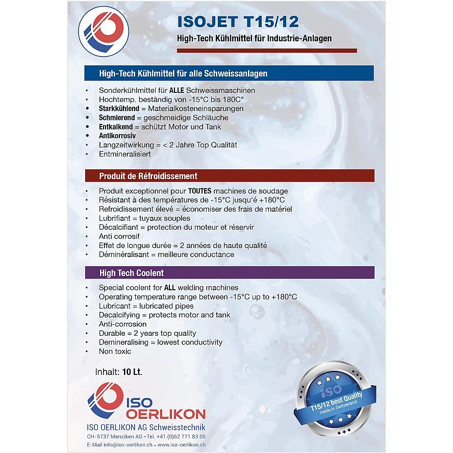ISOJET T15/12 N Kühlmittel für Schweiss-Schneid- und Laseranlagen 10 Lt -- Ersatzprodukt T15/12S5